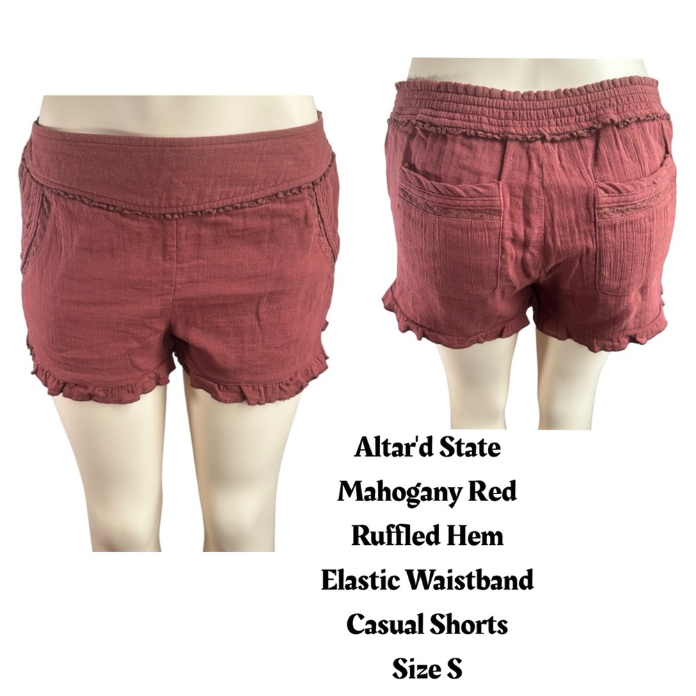 Altar'd State Brown Ruffled Hem Elastic Waistband Casual Shorts Women Size S
